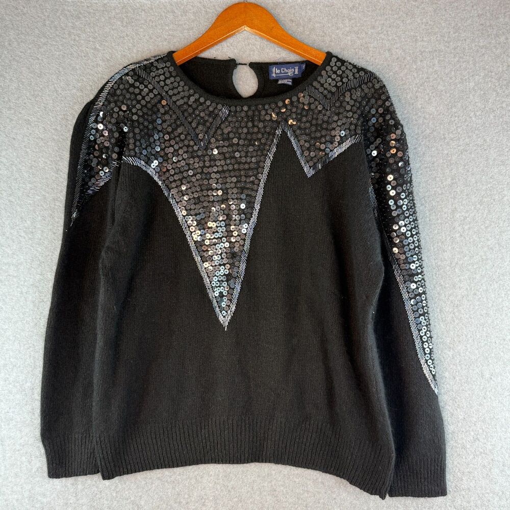 Vintage Le Chois Black Sequin Silk Angora Blend Sweater Size 44 80’s/70’s